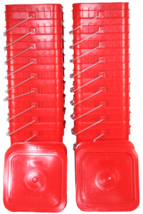 Red plastic 4 gallon square bucket w/ wire bale handle with plastic roller grip