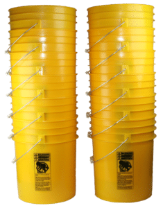 Yellow plastic 5 gallon round bucket w/ wire bale handle with plastic roller grip
