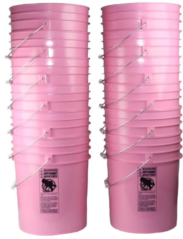 Two stacks of pink 5-gallon plastic buckets with wire bale handles