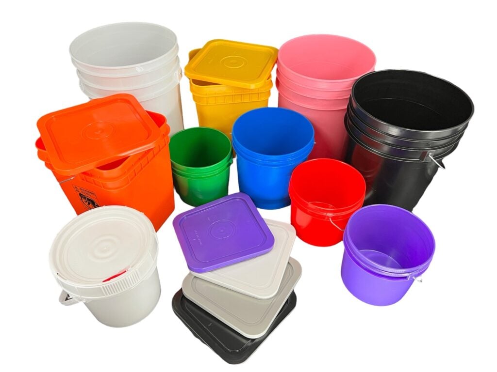 Plastic buckets and lids from Affordable Buckets in a range of sizes and colors